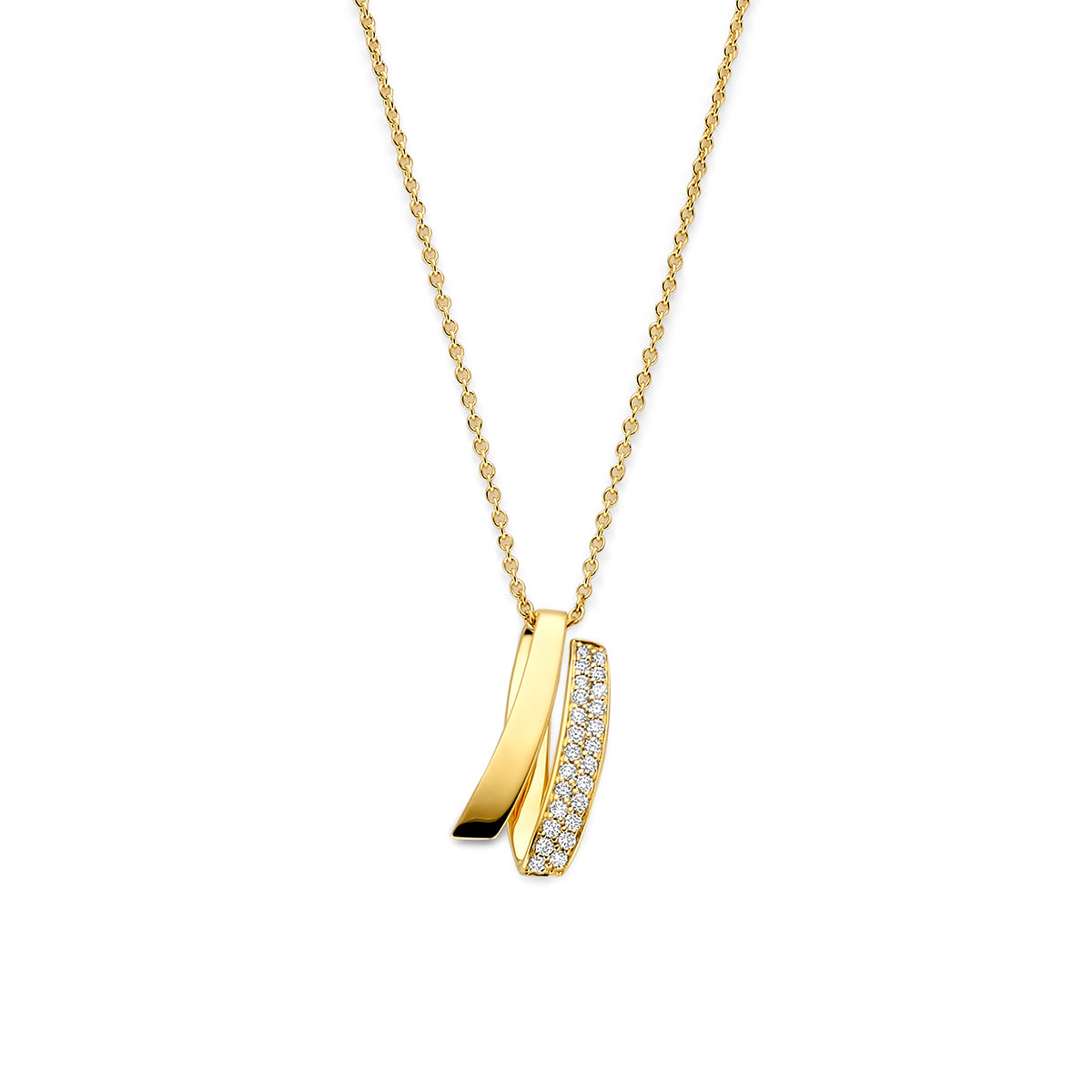 Vooraanzicht van de gouden ketting met diamant hanger van 14 karaat.