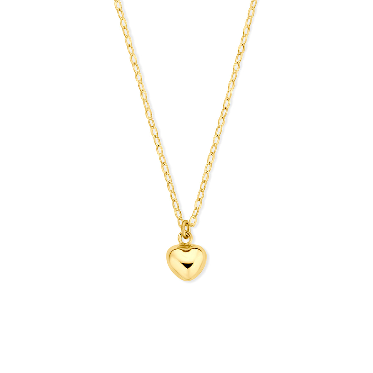 Vooraanzicht van de gouden ketting met hartje van 14 karaat.