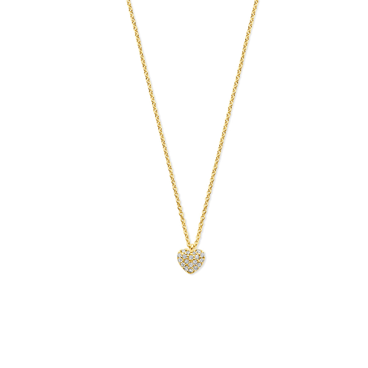 Vooraanzicht van de gouden ketting met hartje en diamant van 14 karaat.