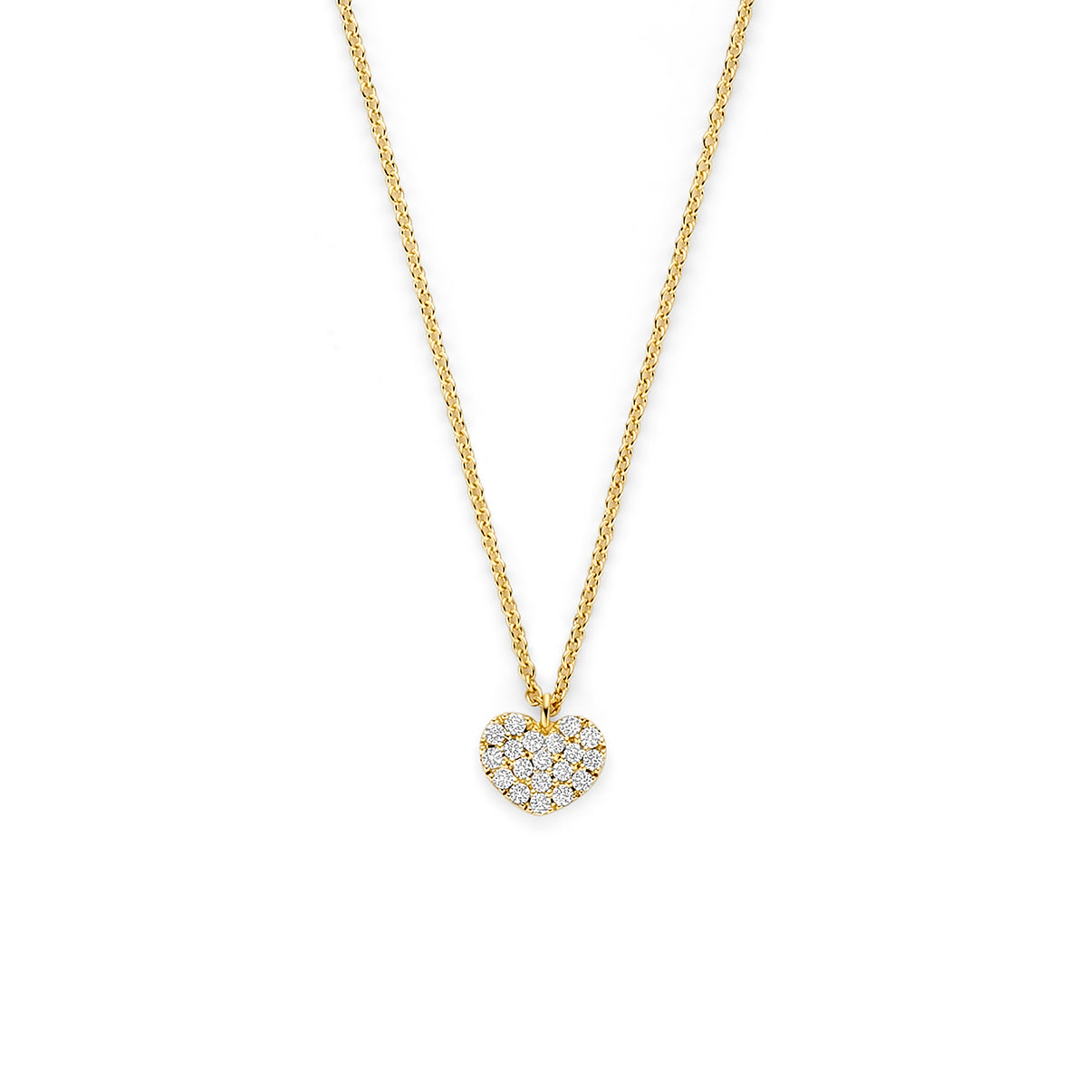 Vooraanzicht van de gouden ketting met hartje en diamant van 14 karaat.