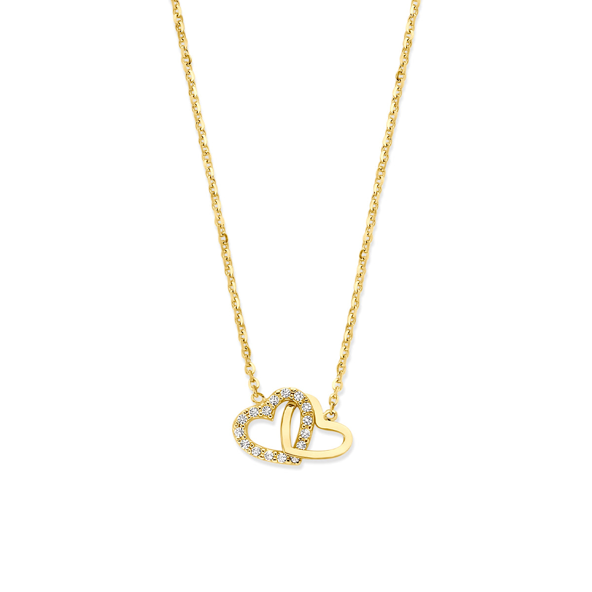 Vooraanzicht van de gouden ketting met hartje en zirkonia van 14 karaat.