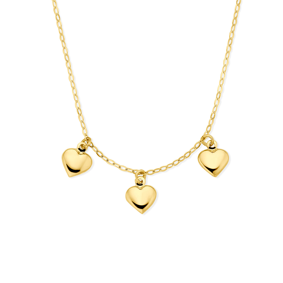 Vooraanzicht van de gouden ketting met hartjes van 14 karaat.