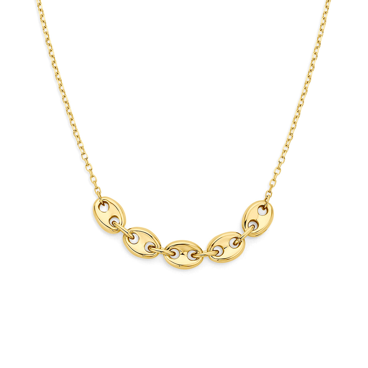 Vooraanzicht van de gouden ketting met koffieboon van 14 karaat.