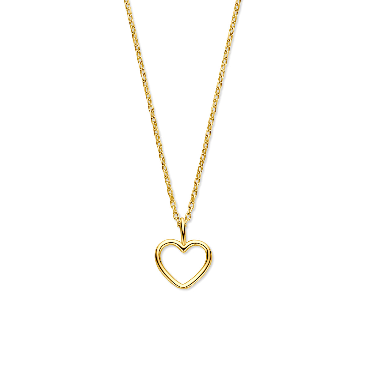 Vooraanzicht van de gouden ketting met hartje van 14 karaat.