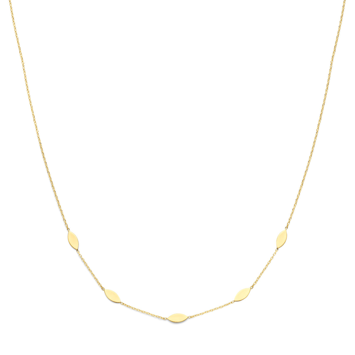 Vooraanzicht van de gouden ketting met ovale plaatjes van 14 karaat.