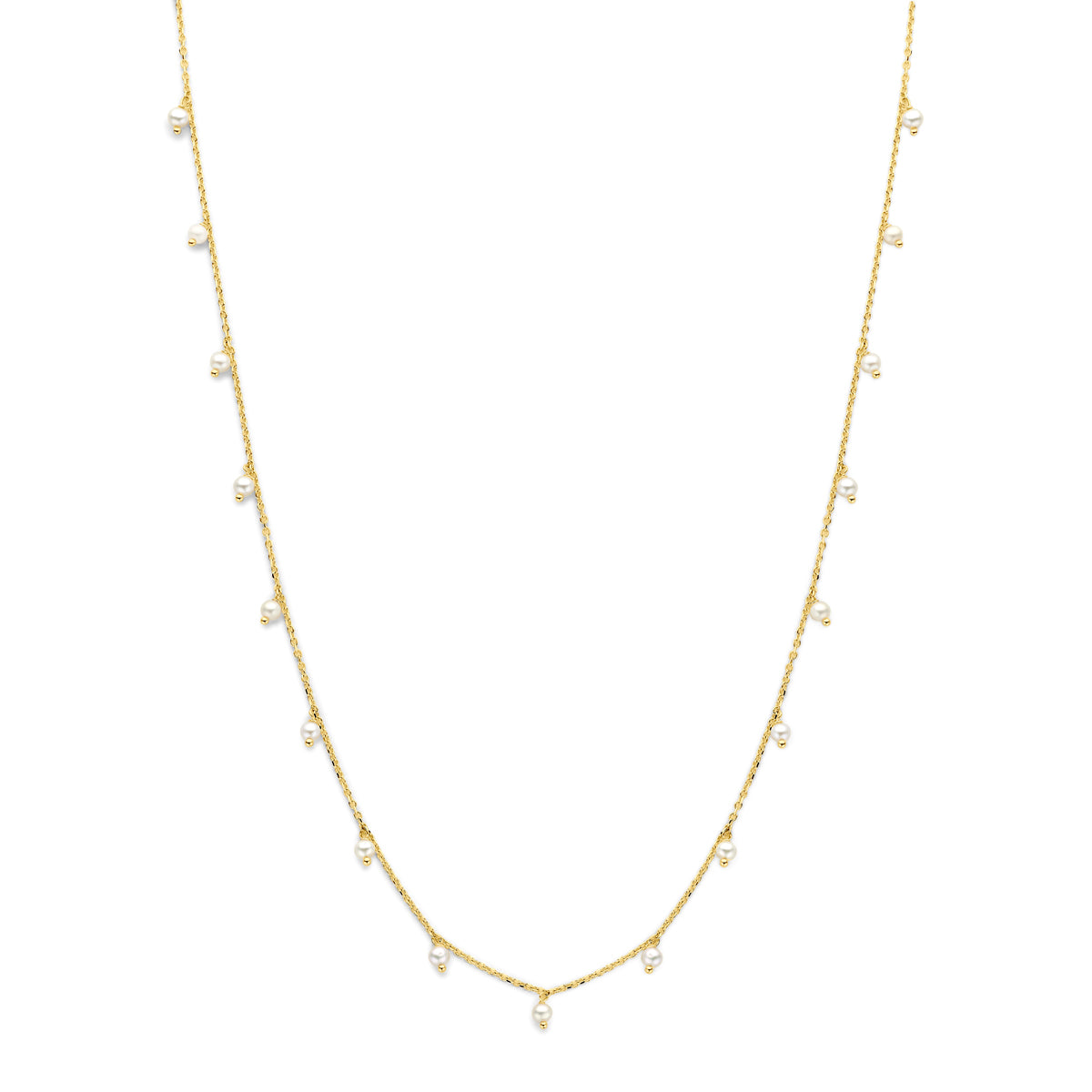Vooraanzicht van de gouden ketting met parels van 14 karaat.
