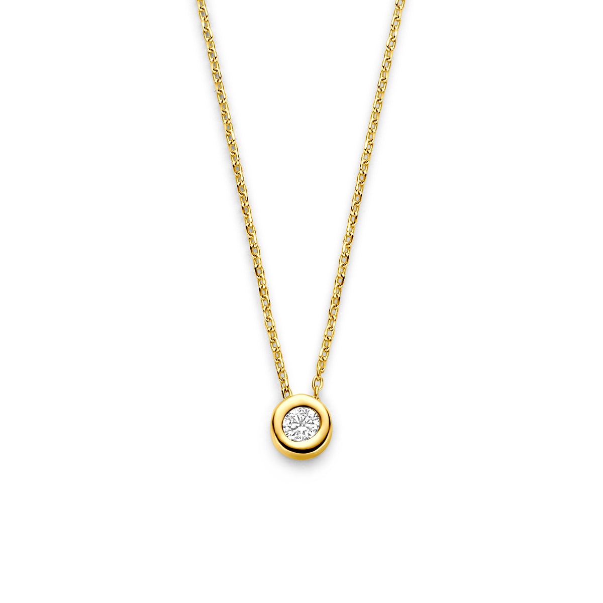 Vooraanzicht van de gouden ketting met zirkonia hanger van 14 karaat.