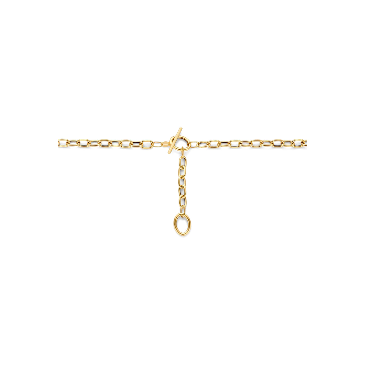 Detail van de sluiting van de 14 karaat gouden ketting y-vorm met ankerschakel.
