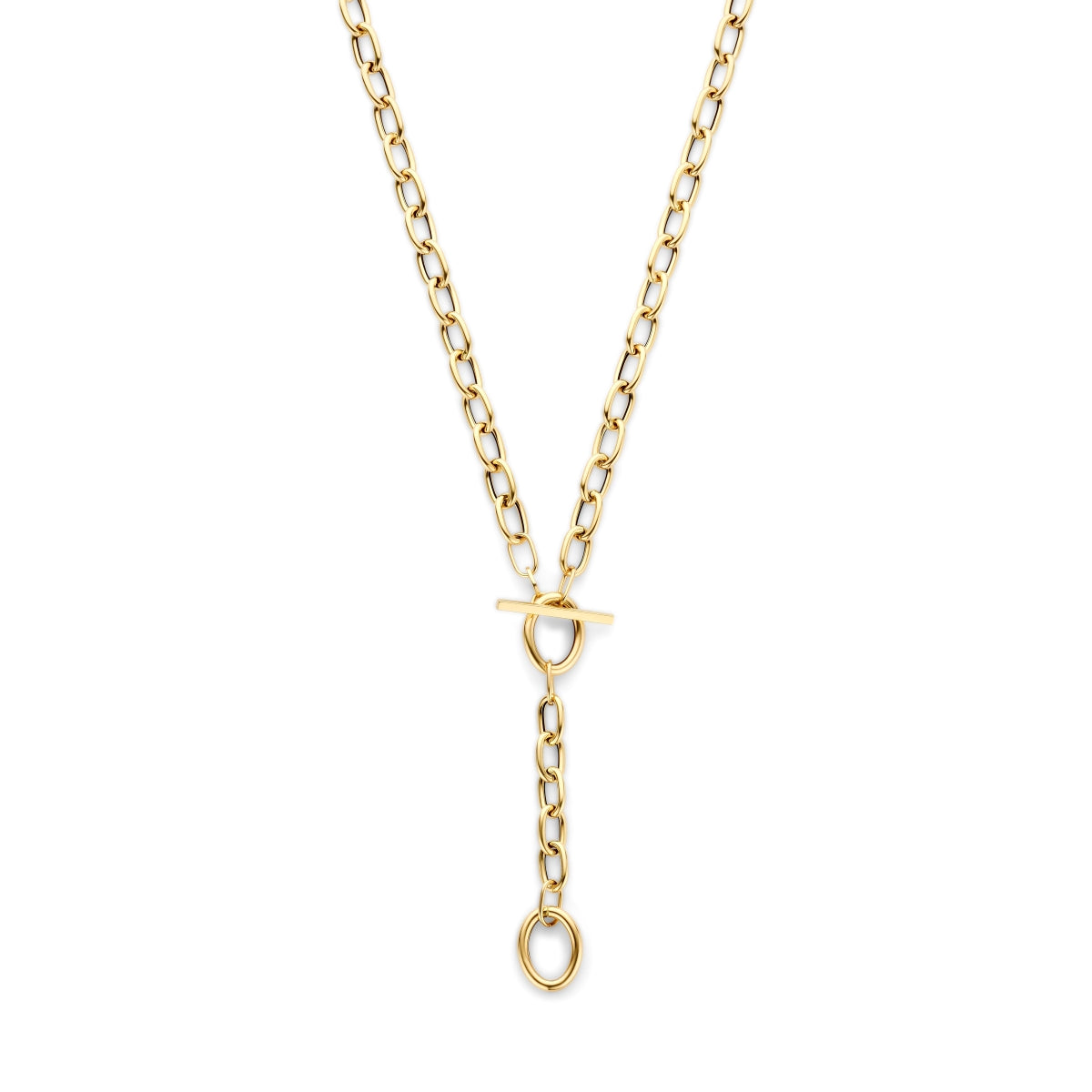 Vooraanzicht van de 14 karaat gouden ketting y-vorm met ankerschakel, 50 cm lang.