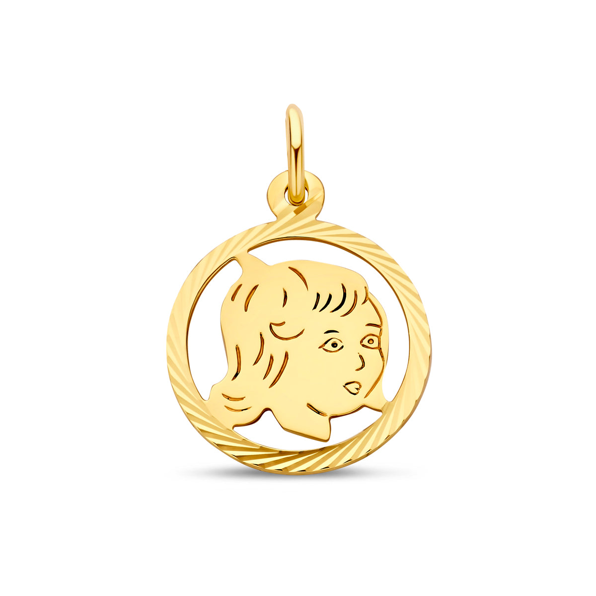 Vooraanzicht van de gouden kinderkopje hanger met meisjeshoofdje van 14 karaat.