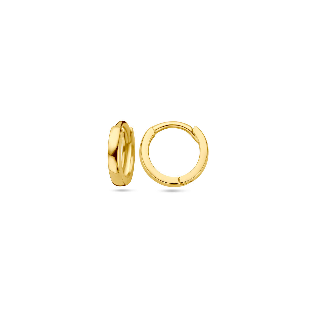 Vooraanzicht van de gouden klapoorringen van 14 karaat.