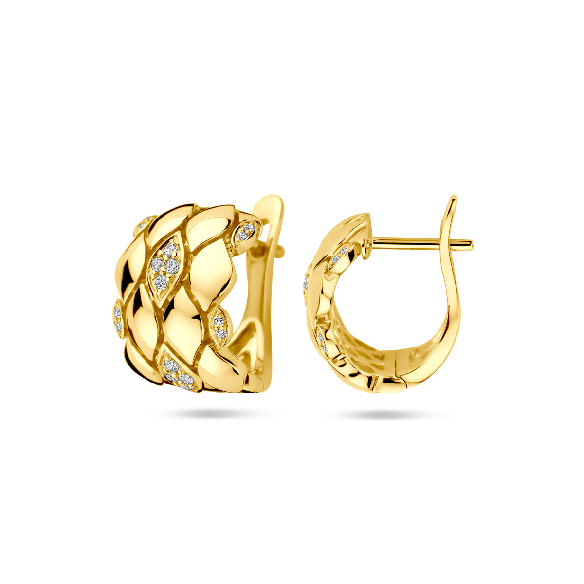 Voor- en zijaanzicht van de gouden klapoorringen met diamant van 14 karaat.