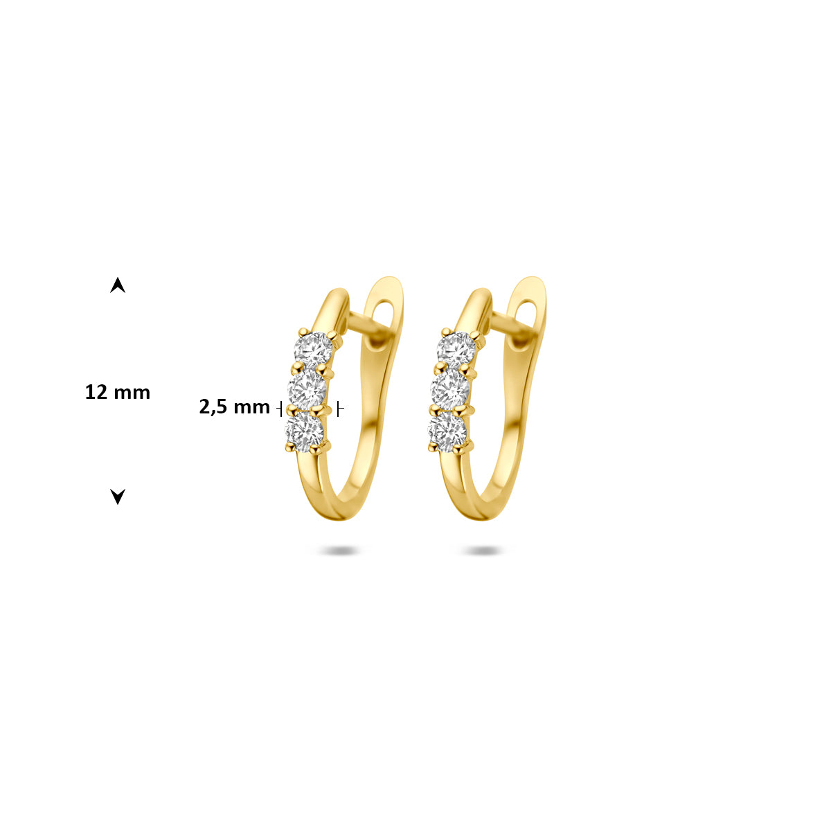 Afmetingen van de gouden klapoorringen met diamant van 14 karaat: 12 mm hoog en 2,5 mm dik.