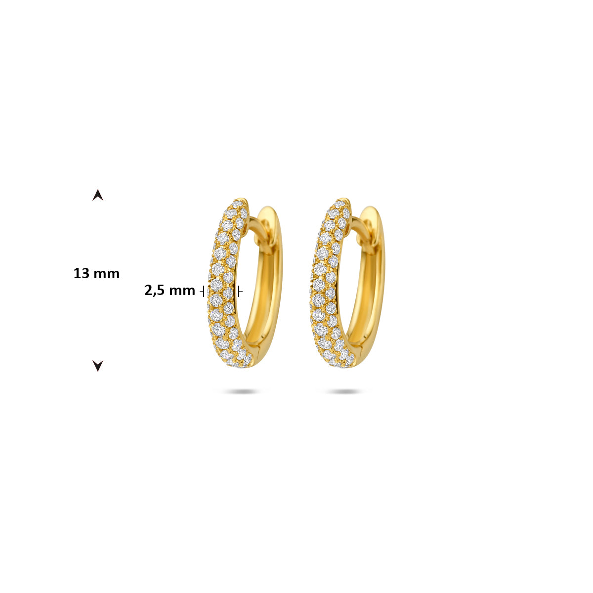 Afmetingen van de gouden klapoorringen met diamant van 14 karaat: 13 mm hoog en 2,5 mm dik.