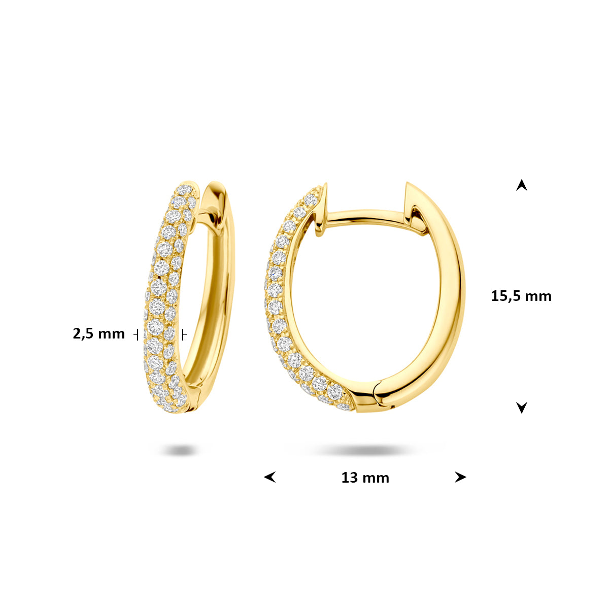 Afmetingen van de gouden klapoorringen met diamant van 14 karaat: 15,5 mm hoog en 13 mm breed, 0,38 ct.