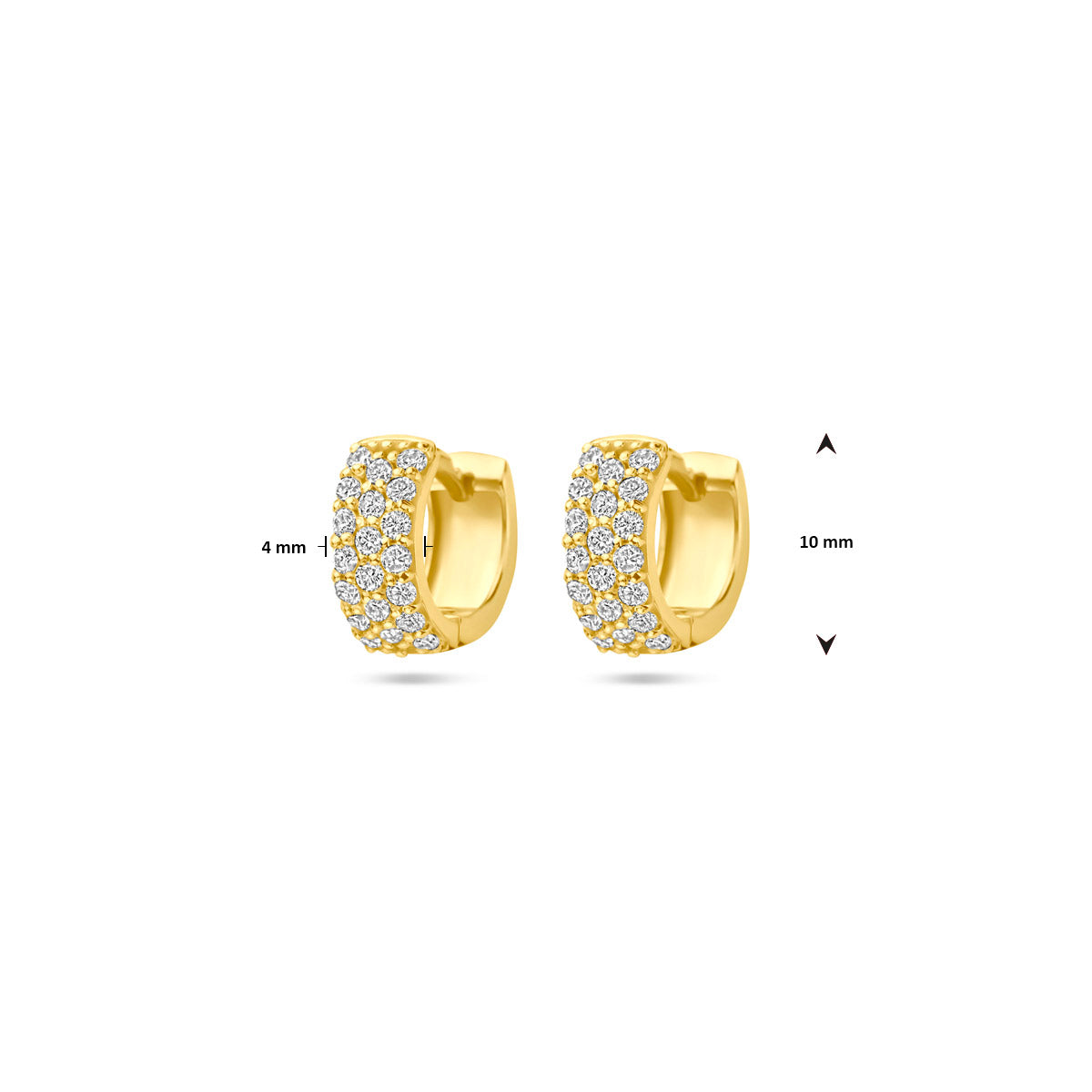 Afmetingen van de gouden klapoorringen met diamant van 14 karaat: 10 mm doorsnee en 4 mm breed.