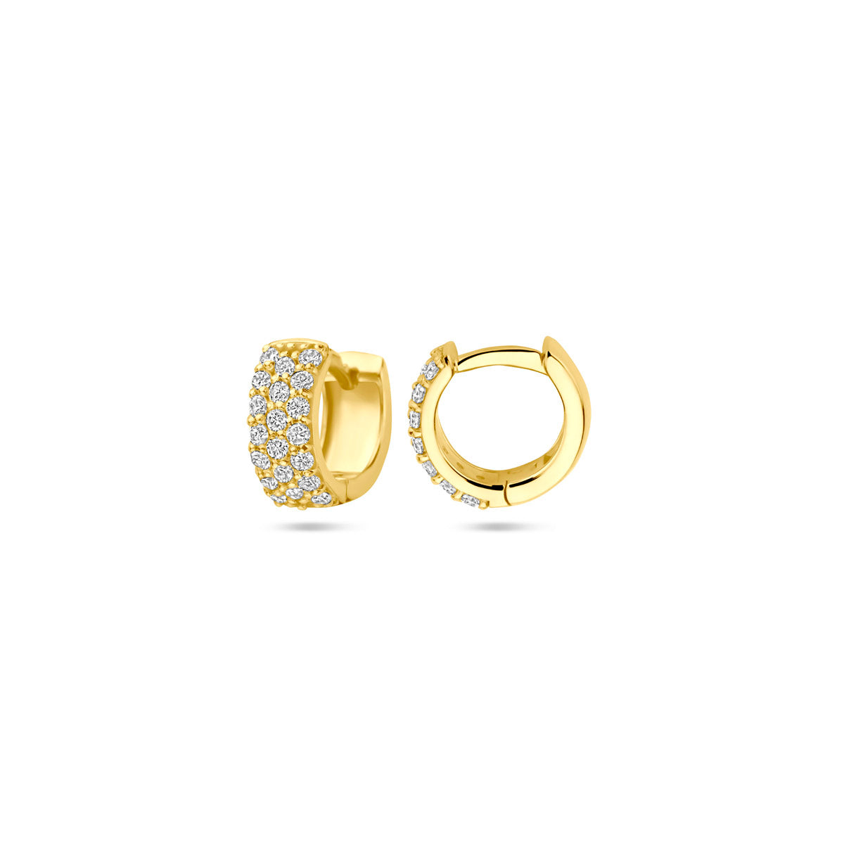 Voor- en zijaanzicht van de gouden klapoorringen met diamant van 14 karaat.