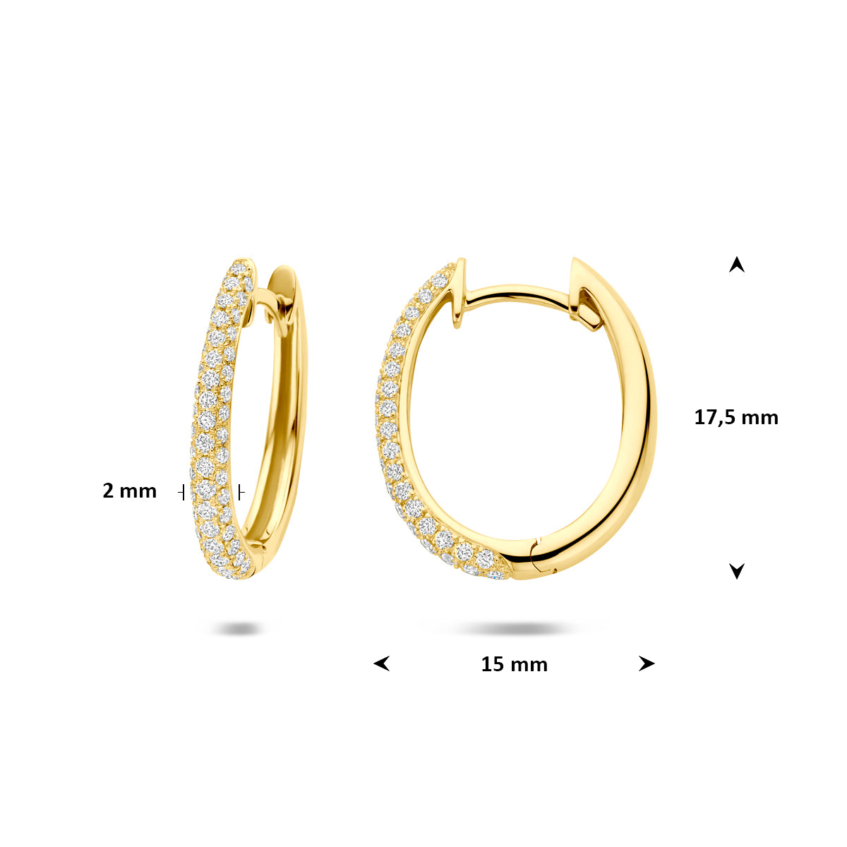 Afmetingen van de gouden klapoorringen met diamant van 14 karaat: 17,5 mm hoog, buis 2 mm.