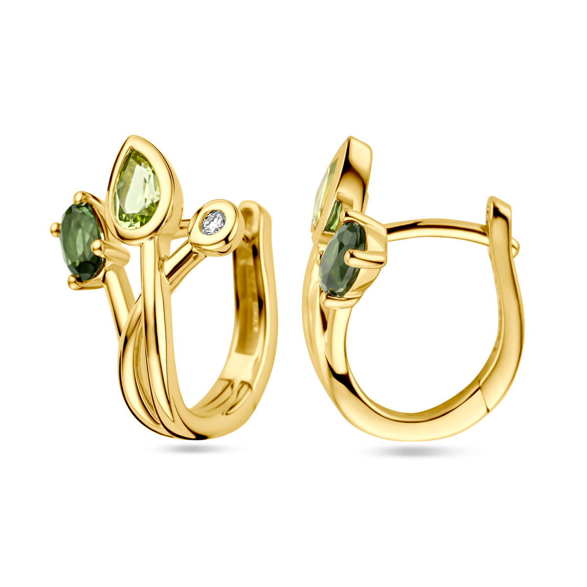 Voor- en zijaanzicht van de gouden klapoorringen met toermalijn, peridoot en diamant van 14 karaat.