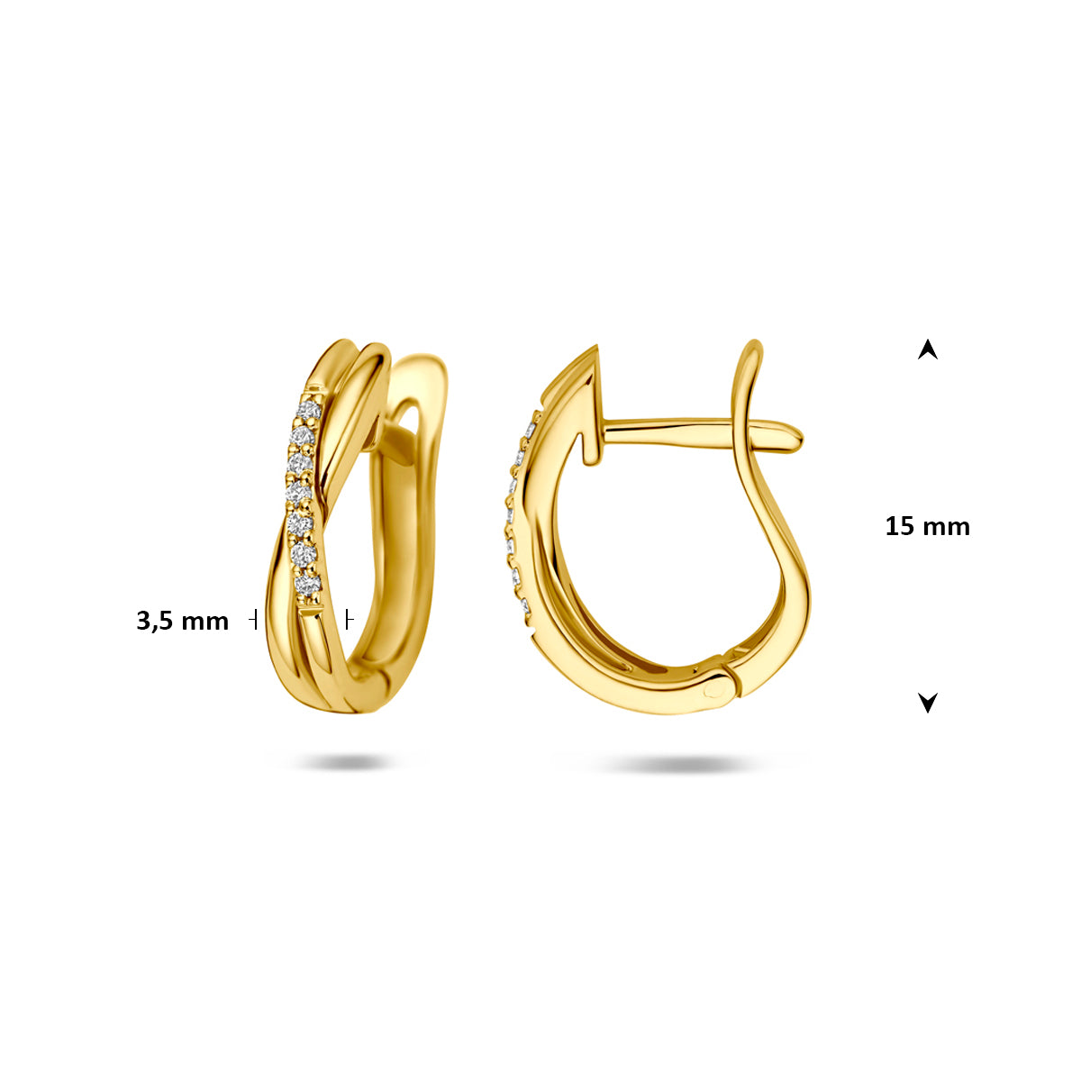 Afmetingen van de gouden klapoorringen met lab grown diamant van 14 karaat: 15 mm hoog, 12 mm breed en 3,5 mm dik.