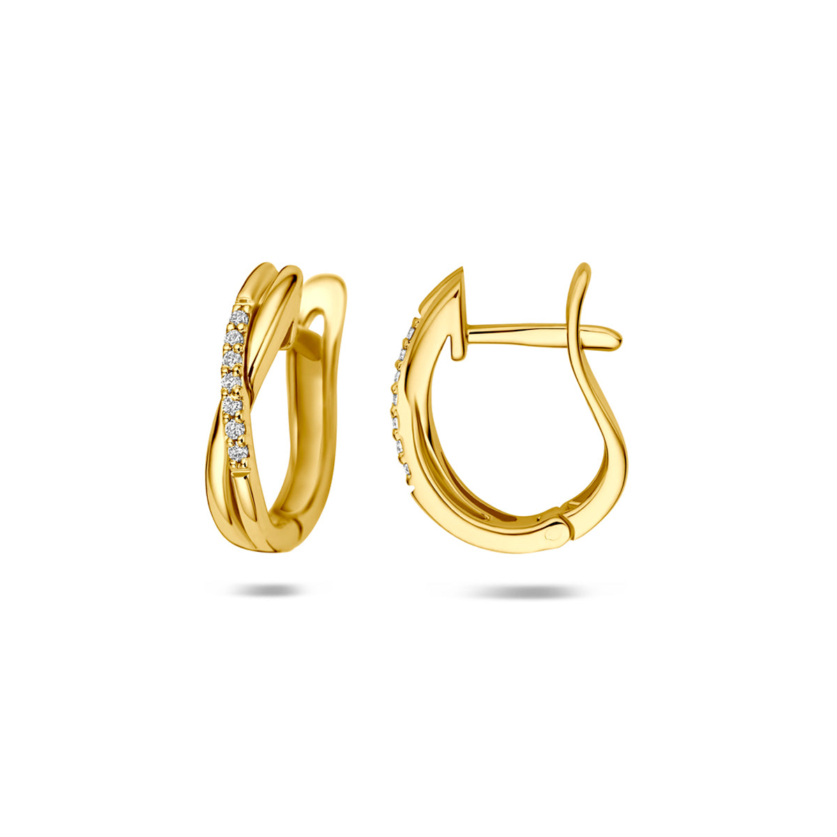 Voor- en zijaanzicht van de gouden klapoorringen met lab grown diamant van 14 karaat.