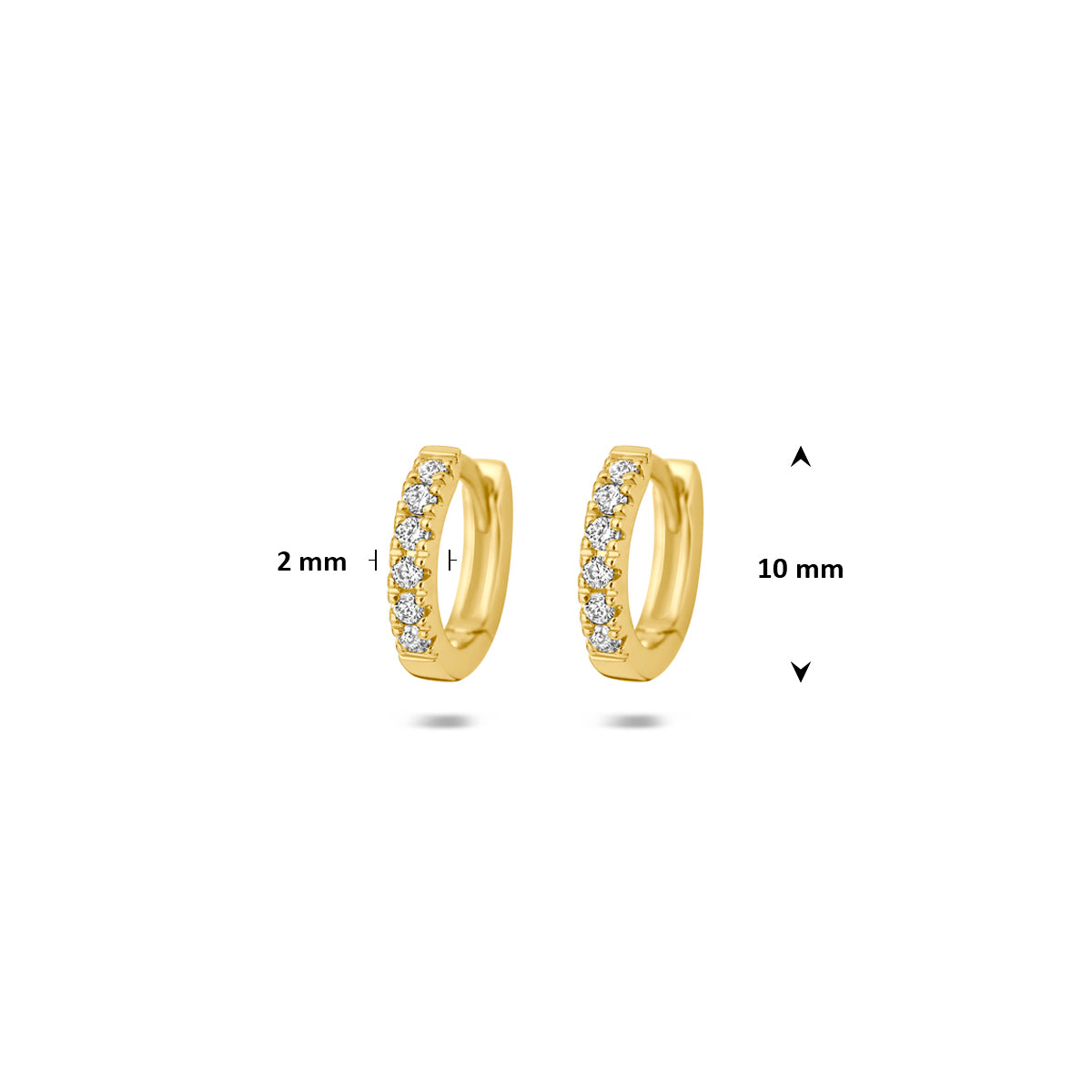 Afmetingen van de gouden klapoorringen met lab grown diamant van 14 karaat: 10 mm doorsnee, 0,12 ct.