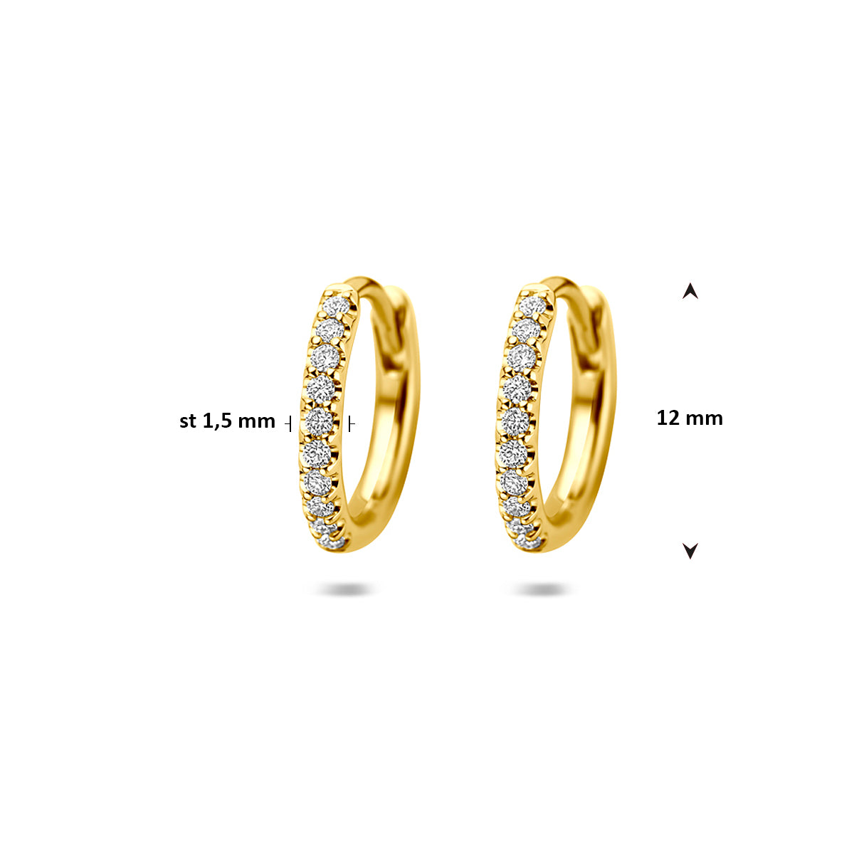 Afmetingen van de gouden klapoorringen met lab grown diamant van 14 karaat: 12 mm doorsnee en 2 mm breed.