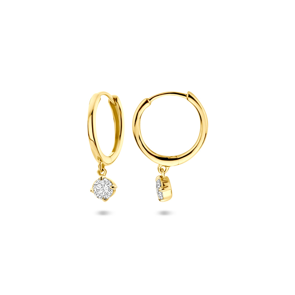 Voor- en zijaanzicht van de gouden klapoorringen met lab grown diamant van 14 karaat.