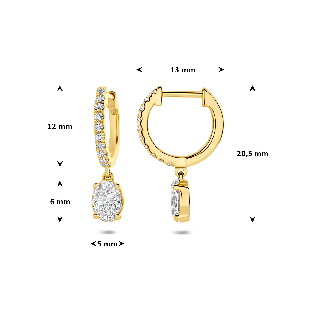 Afmetingen van de gouden klapoorringen met lab grown diamant van 14 karaat: 20,5 mm hoog en 13 mm breed, 1,22 ct.