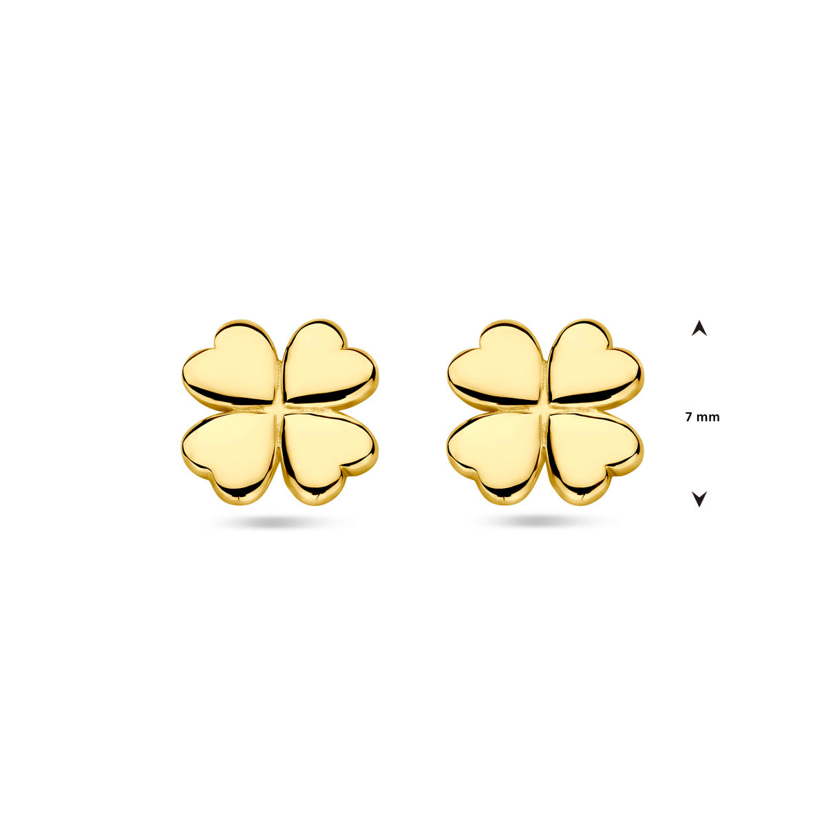 Afmetingen van de gouden klavertje oorknopjes van 14 karaat: 7 mm doorsnee.