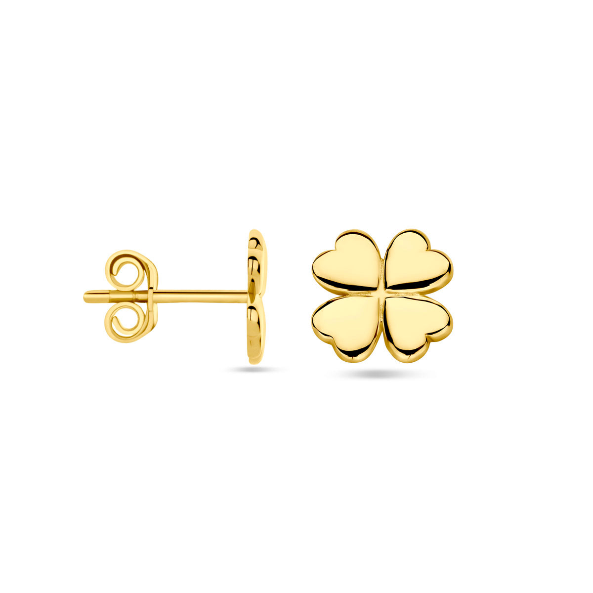 Voor- en zijaanzicht van de gouden klavertje oorknopjes van 14 karaat.