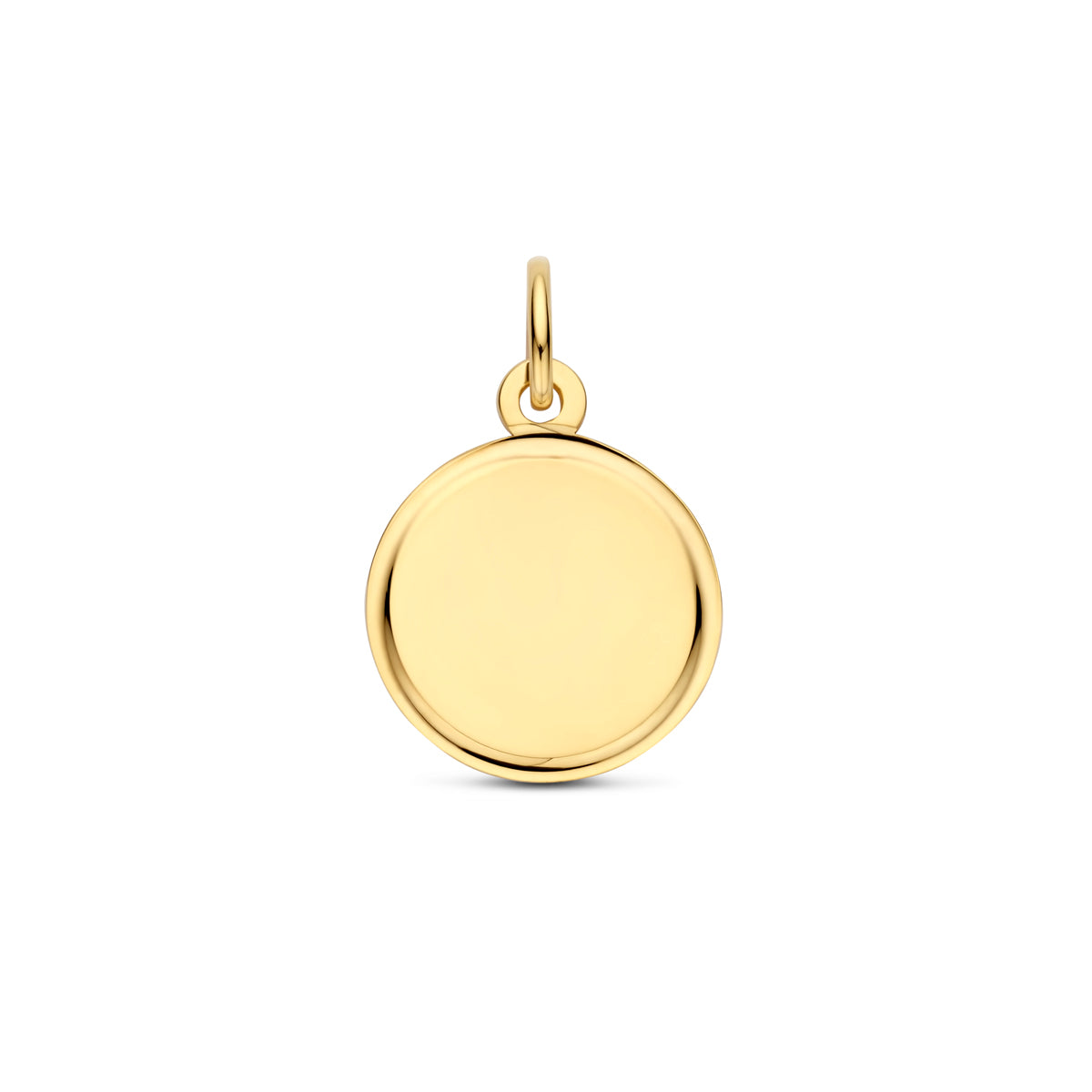 Vooraanzicht van de gouden kleine ronde graveerhanger van 14 karaat.