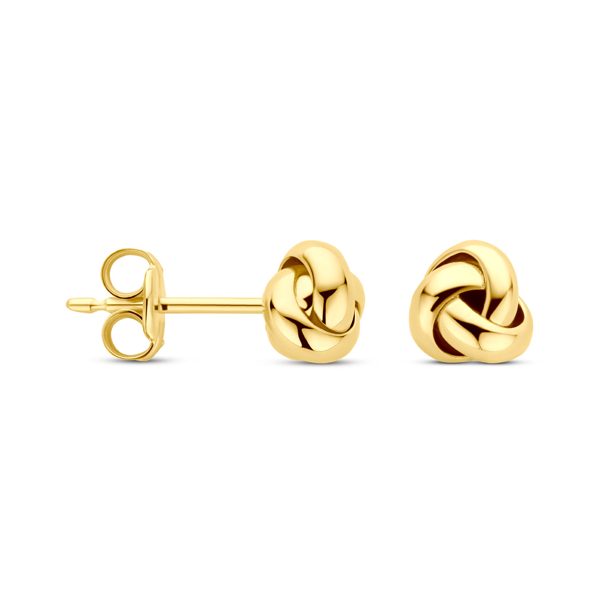 Voor- en zijaanzicht van de gouden knoop oorknopjes van 14 karaat.