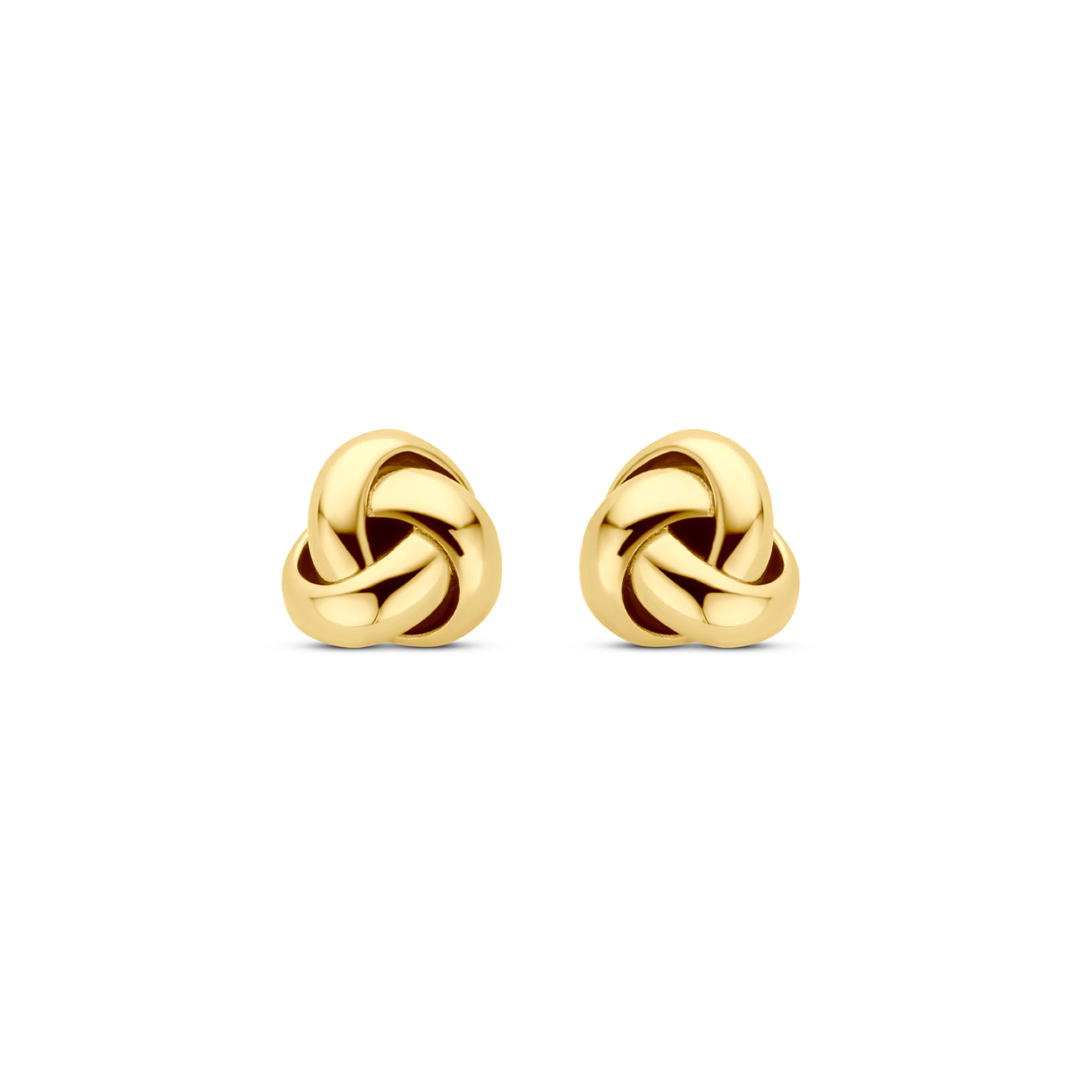 Vooraanzicht van de gouden knoop oorknopjes van 14 karaat.