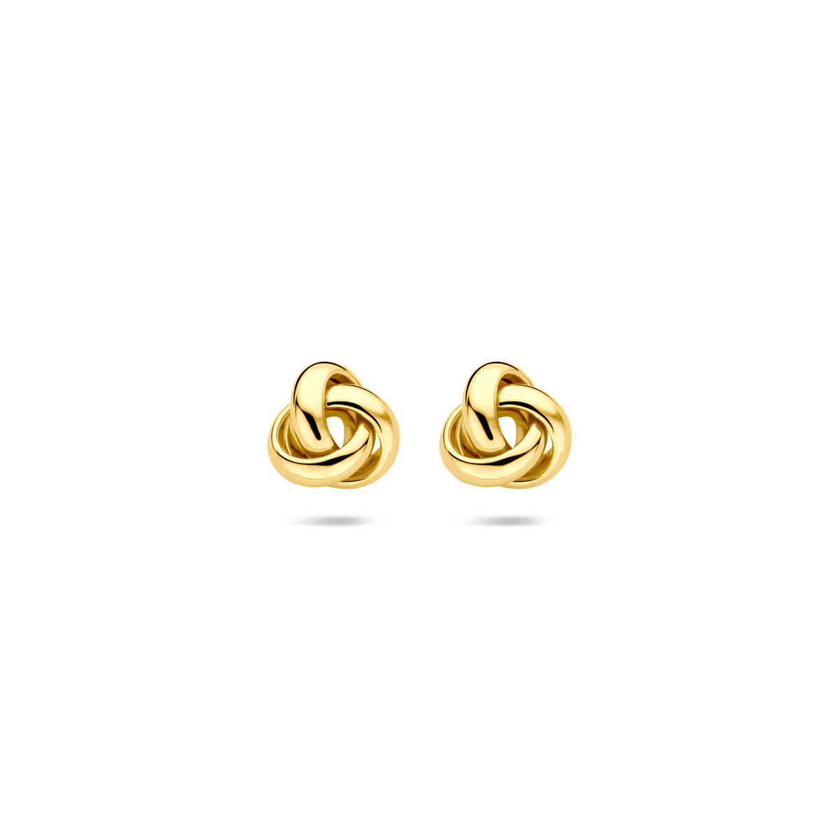 Vooraanzicht van de gouden knoop oorknopjes van 14 karaat.