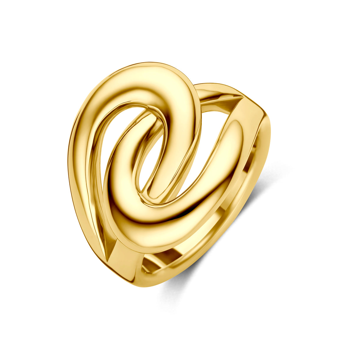 Schuin bovenaanzicht van de gouden knoop ring van 14 karaat.