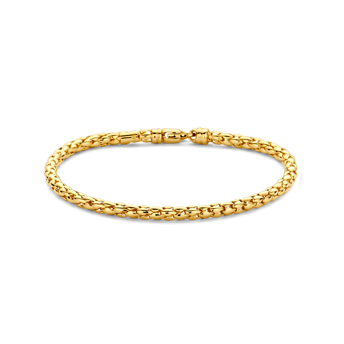Vooraanzicht van de gouden koningsschakel armband van 14 karaat.
