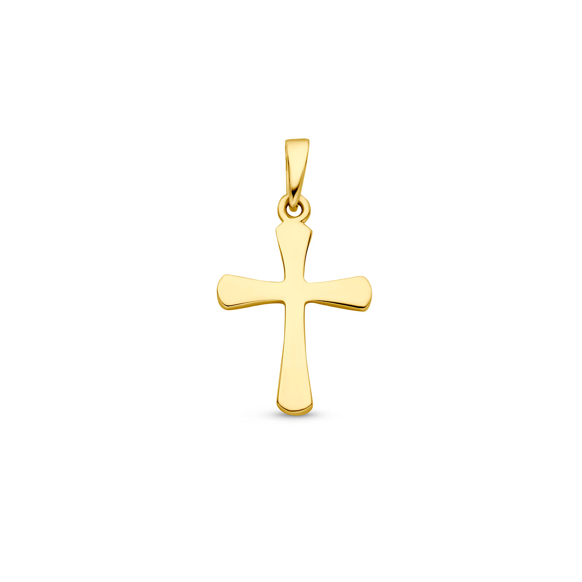 Vooraanzicht van de gouden kruis hanger van 14 karaat.