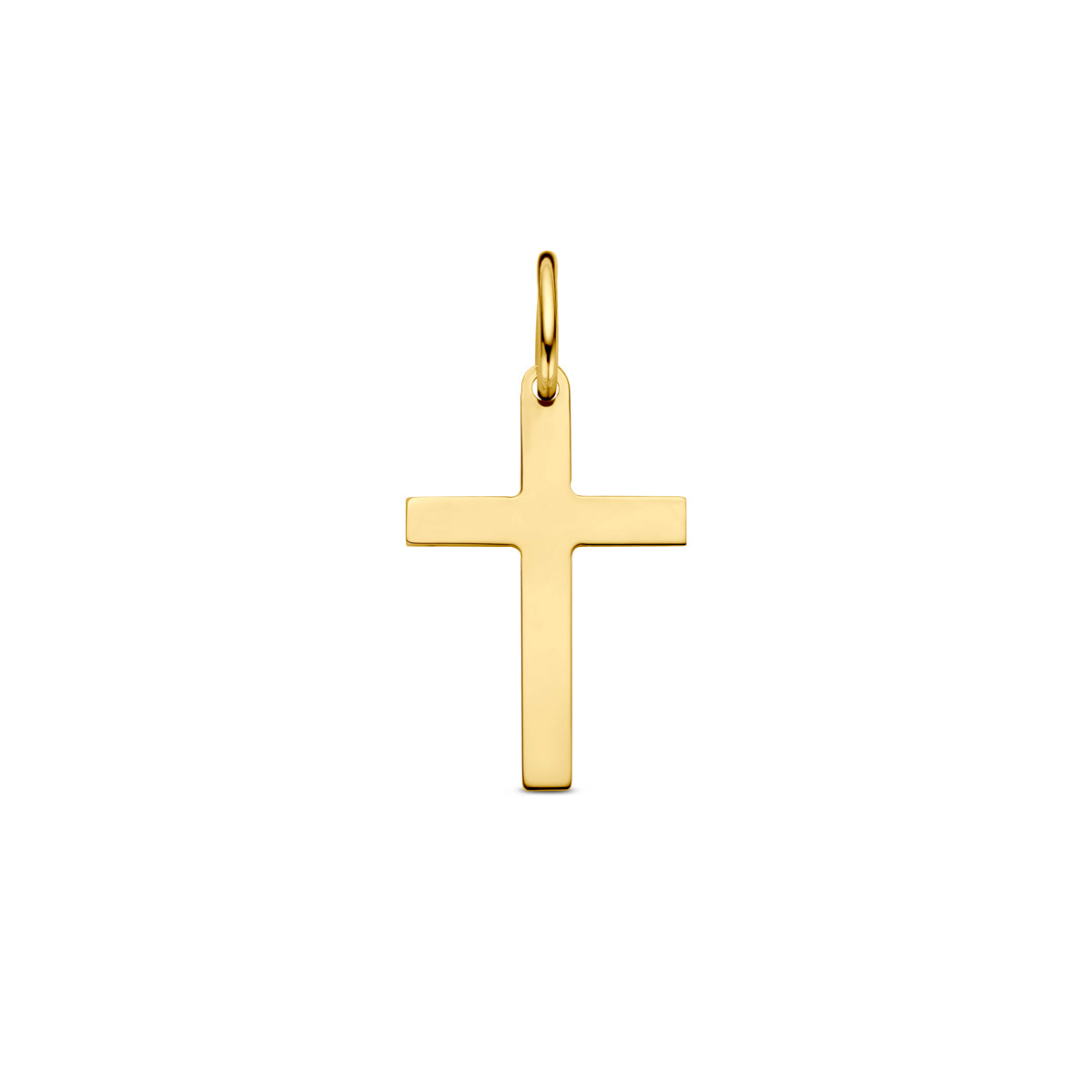 Vooraanzicht van de gouden kruis hanger van 14 karaat.