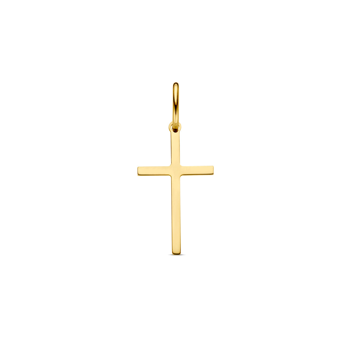 Vooraanzicht van de gouden kruis hanger van 14 karaat.