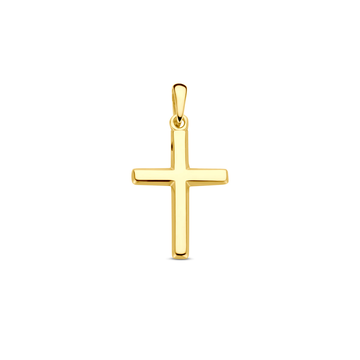 Vooraanzicht van de gouden kruis hanger van 14 karaat.