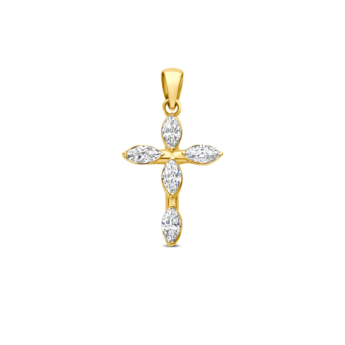 Vooraanzicht van de gouden kruis hanger met zirkonia van 14 karaat.