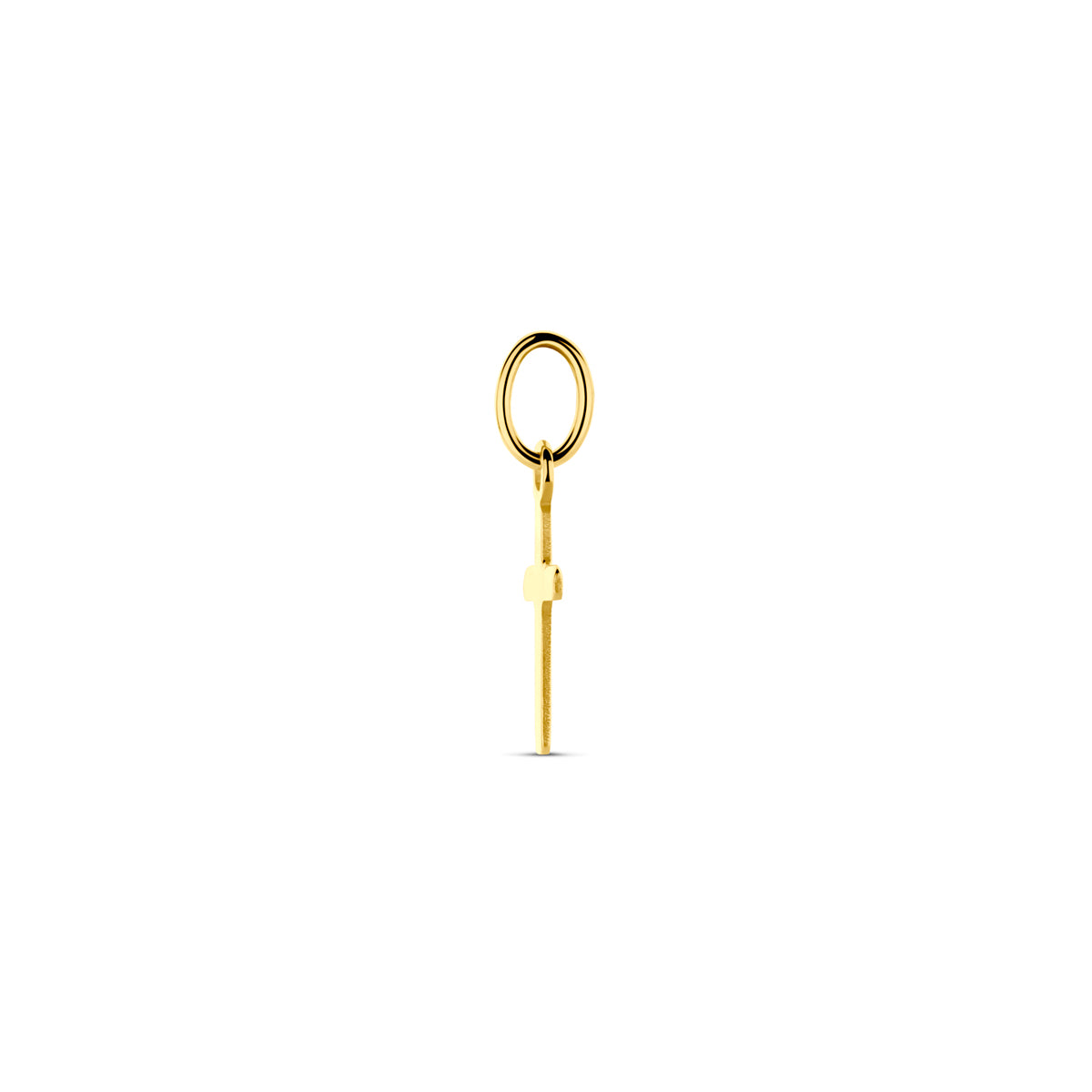 Zijaanzicht van de gouden kruisje hanger van 14 karaat.