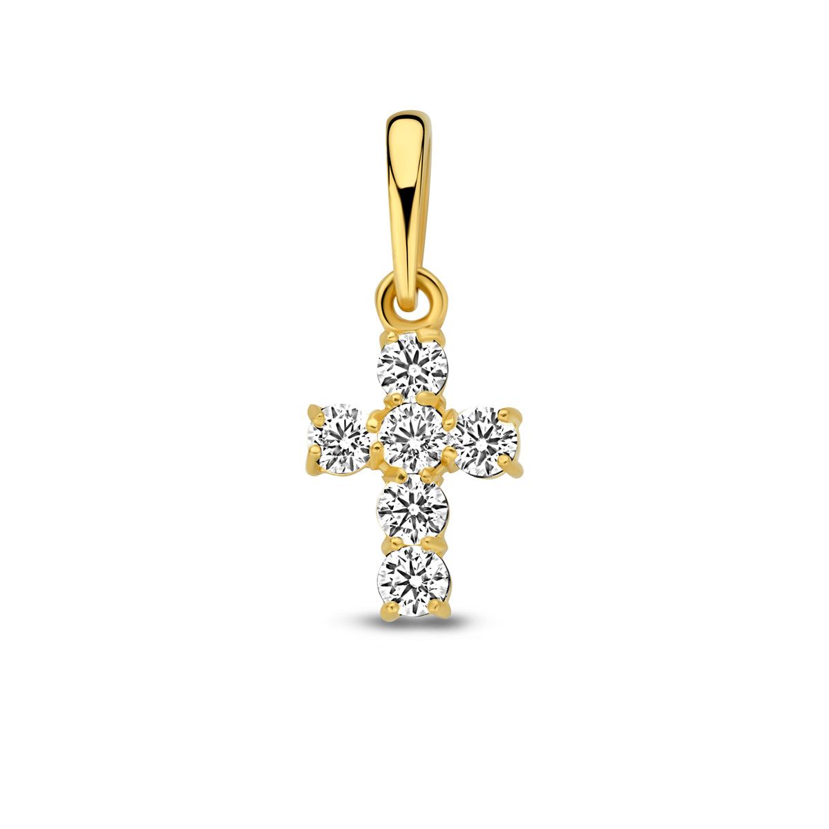 Vooraanzicht van de gouden kruisje hanger met zirkonia van 14 karaat.