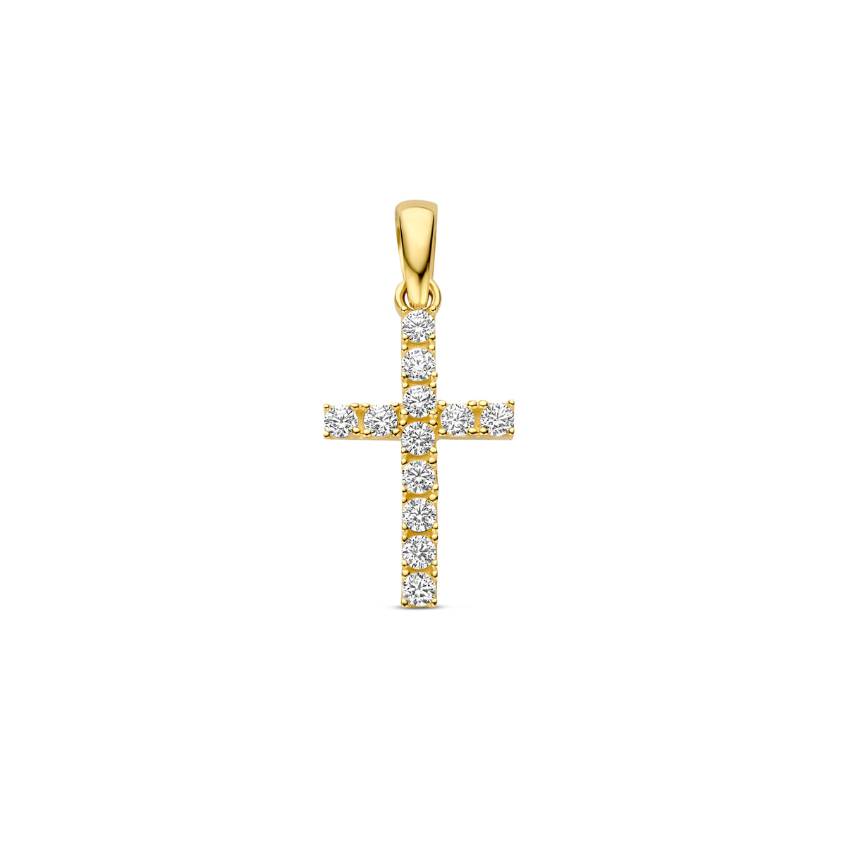 Vooraanzicht van de gouden kruisje hanger met zirkonia van 14 karaat.
