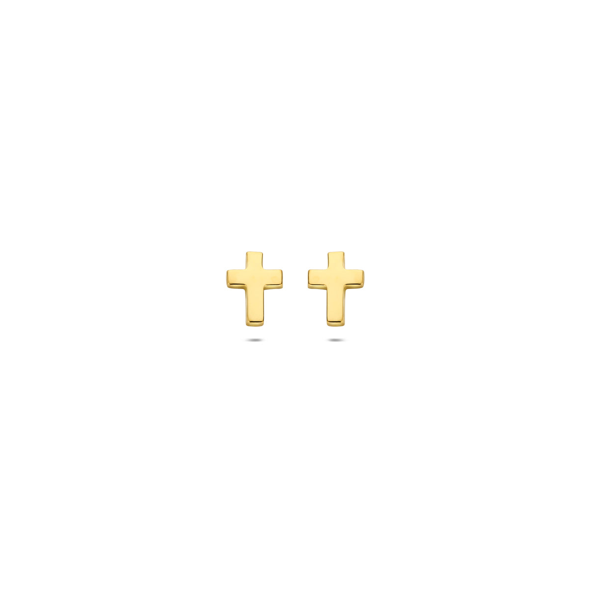 Vooraanzicht van de gouden kruisje oorknopjes van 14 karaat.