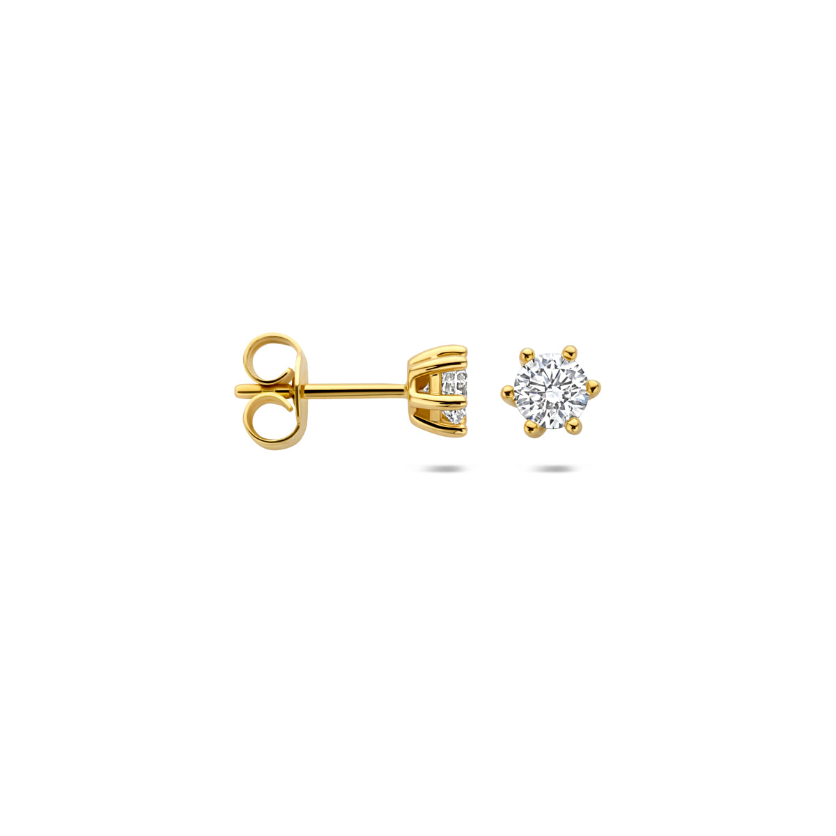 Voor- en zijaanzicht van de 14 karaat gouden lab grown diamant oorknoppen 0,50 ct, met één oorbel van opzij zodat de sluiting zichtbaar is.