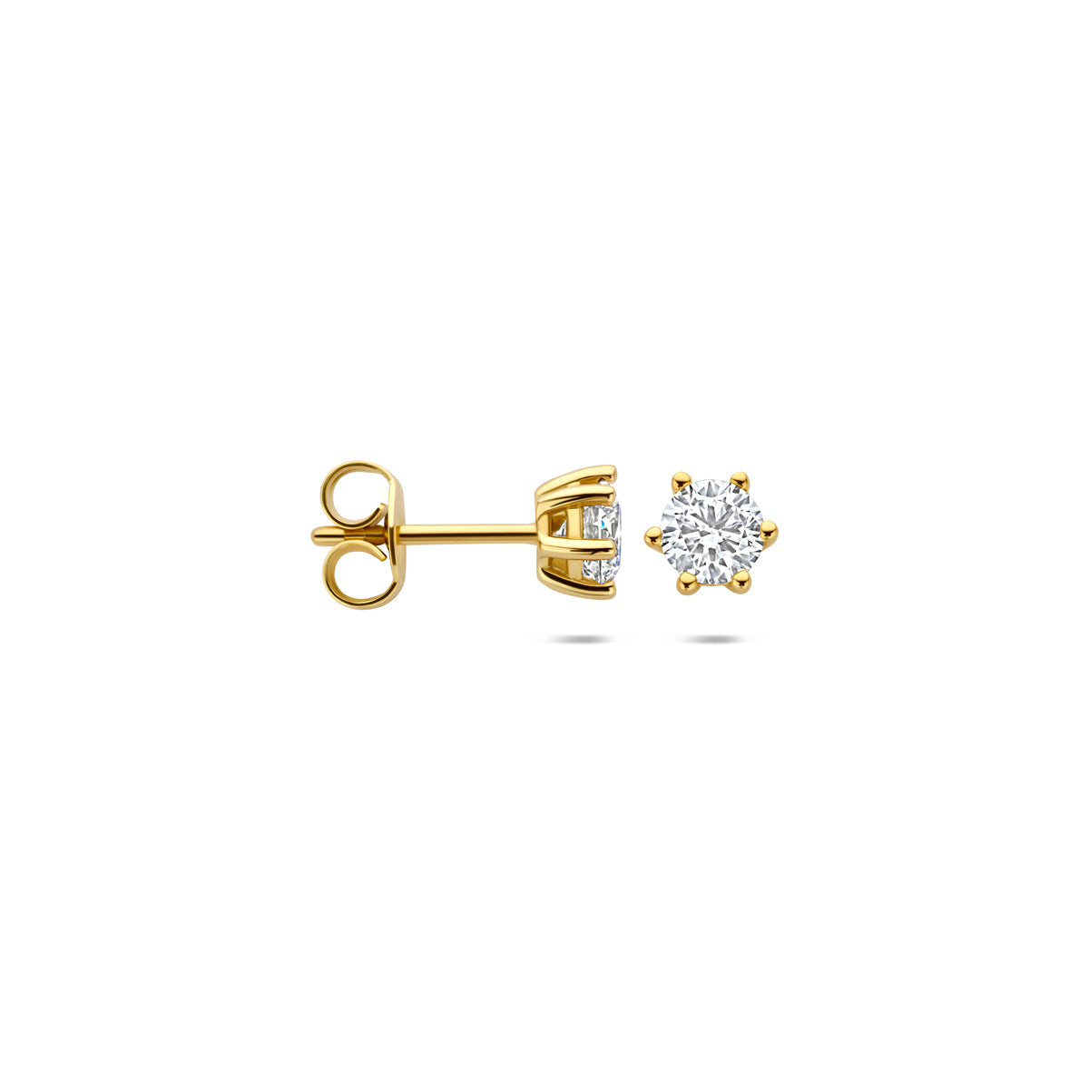Voor- en zijaanzicht van de 14 karaat gouden lab grown diamant oorknoppen 0,75 ct, met één oorbel van opzij zodat de sluiting zichtbaar is.