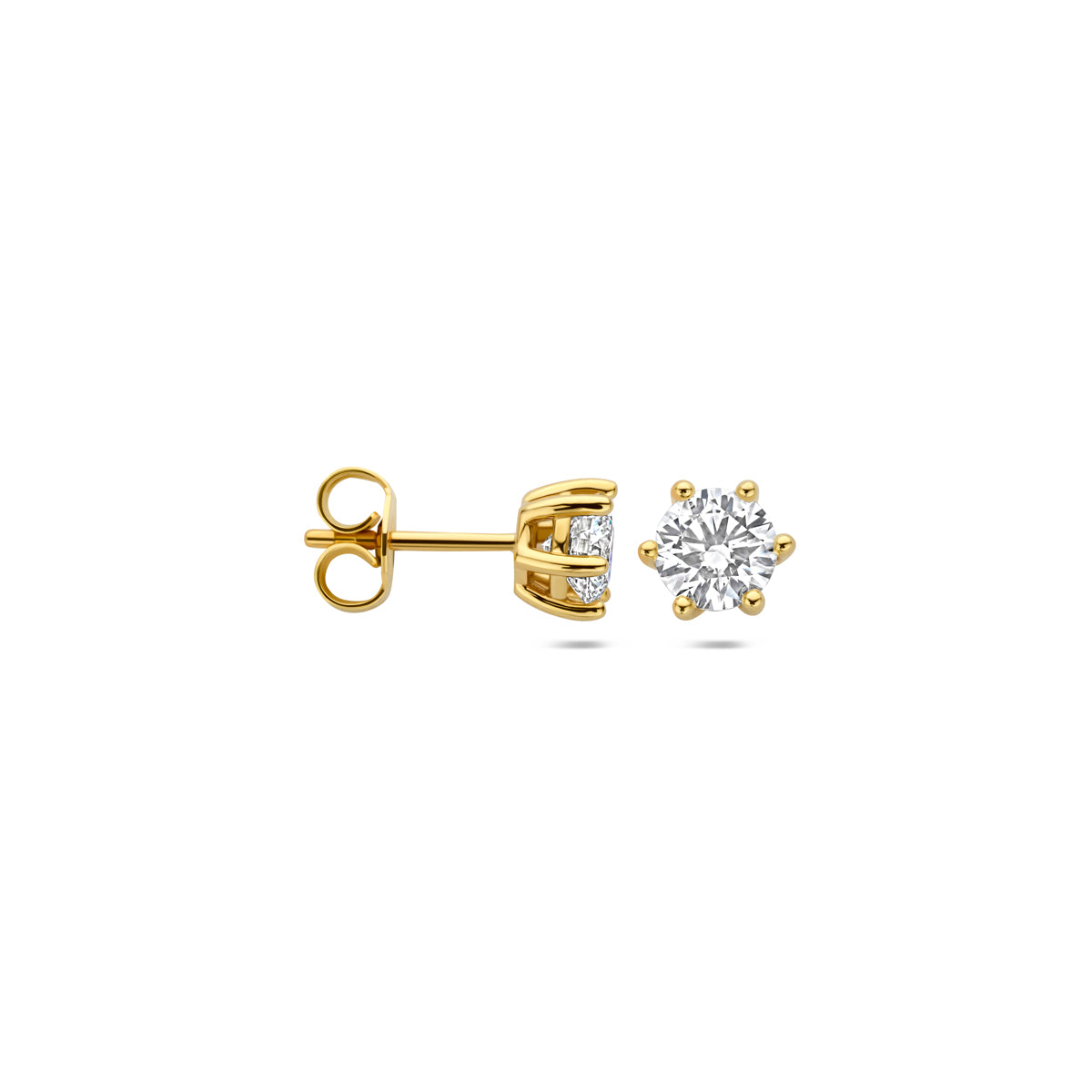 Voor- en zijaanzicht van de 14 karaat gouden lab grown diamant oorknoppen 1,00 ct, met één oorbel van opzij zodat de sluiting zichtbaar is.