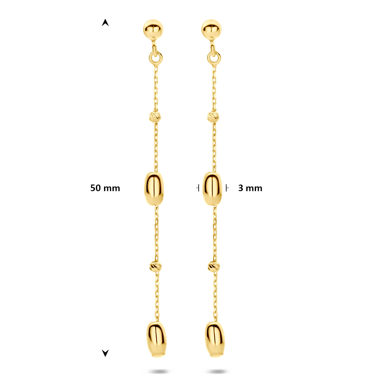 Afmetingen van de gouden lange oorhangers van 14 karaat: 50 mm hoog en 3 mm breed.